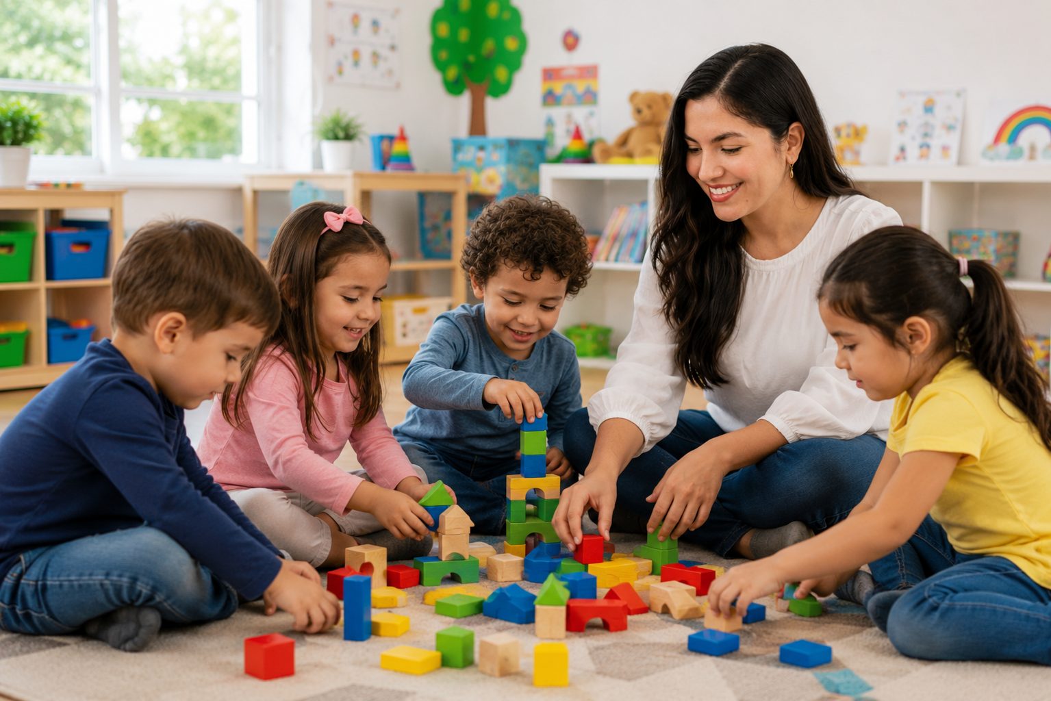 Group play area with wooden blocks where children practice social skills