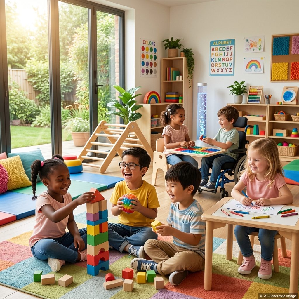 Children playing and learning together in an inclusive therapy environment