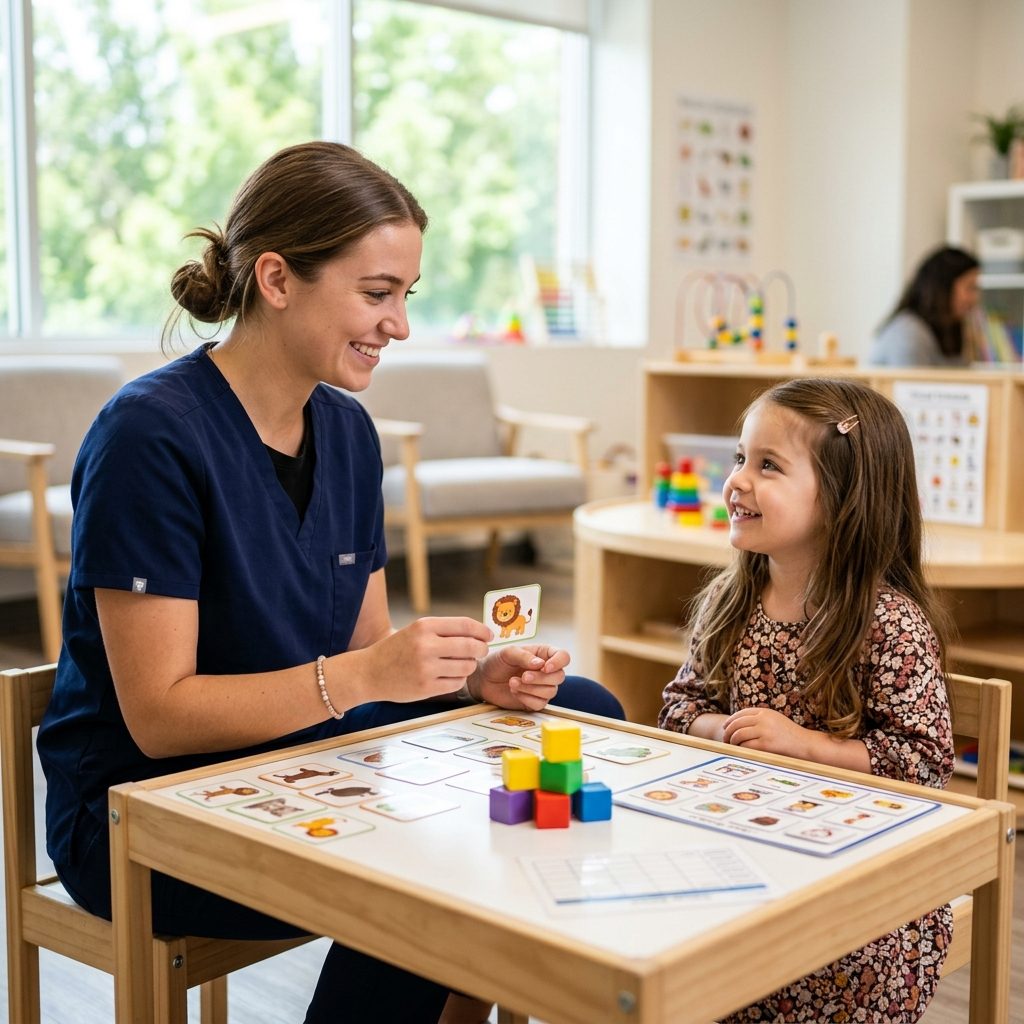 BCBA therapist working with child during ABA therapy session in a bright modern clinic