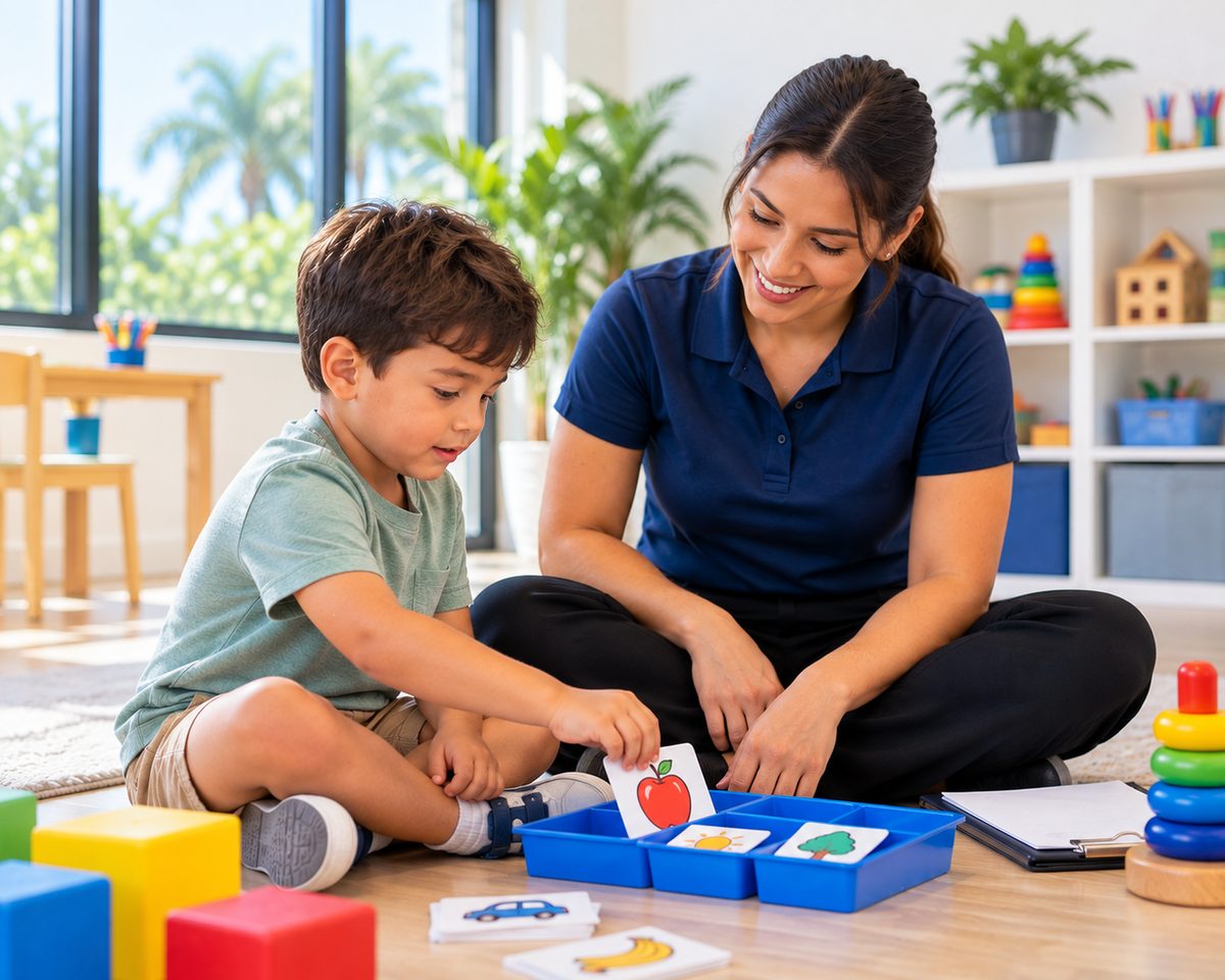 A therapist and a child work together on the floor with coloured learning materials.
