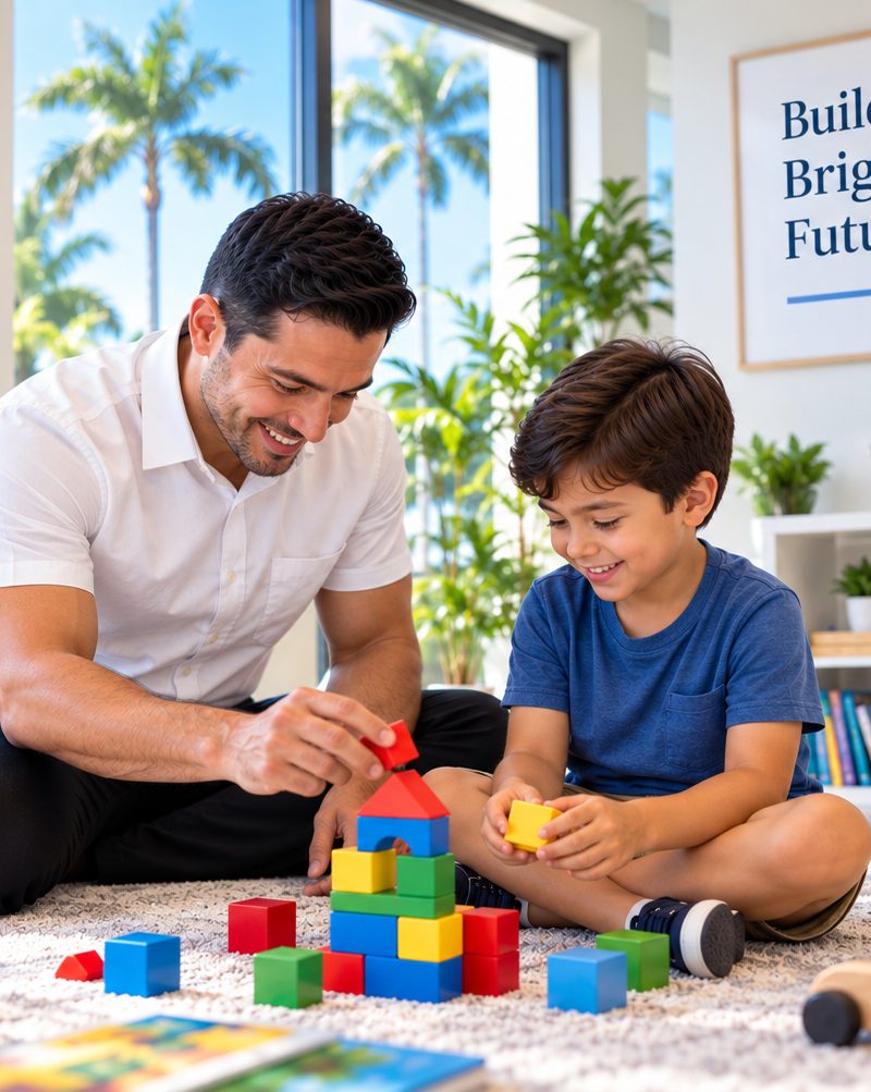 A young girl smiles while playing with coloured blocks at a table.