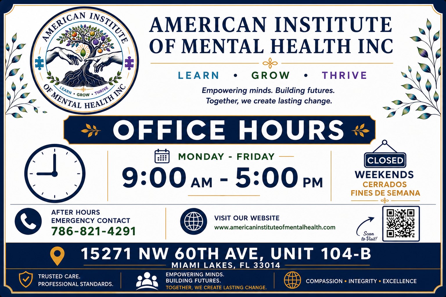 AIM Health Office Hours — Monday to Friday 9:00 AM to 5:00 PM, closed weekends (cerrados fines de semana). After hours emergency contact: 786-821-4291. 15271 NW 60th Ave, Unit 104-B, Miami Lakes, FL 33014